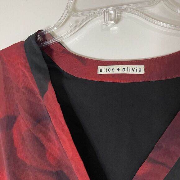 ALICE + OLIVIA Red floral chiffon cinch waist v-neck kimono sleeve blouse small - Picture 3 of 5
